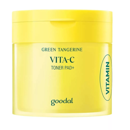 Un contenant jaune de Goodal Green Tangerine Vita-C Toner Pad+ avec « Vitamine » imprimé sur le côté est désormais commercialisé sous la marque Goodal Tampons Tonifiantes Vita C Vert Mandarine Exfoliantes Anti Taches Cicatrices d’Acnés pour une expérience tonifiante améliorée, contenant 70 pièces. dakar, Sénégal