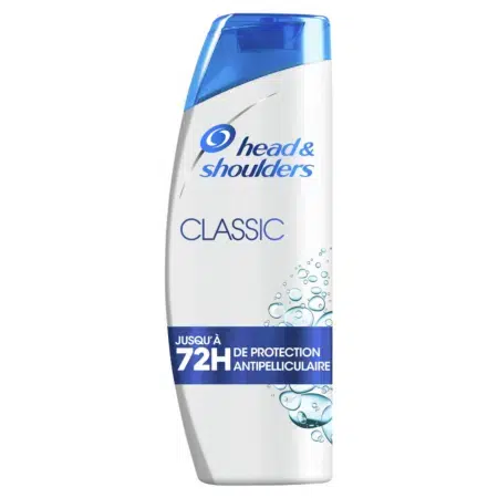 Flacon de Shampooing Anti-Pelliculaire Head And Shoulders Classic Clean 285 ml, étiqueté avec protection antipelliculaire 72H, blanc avec un bouchon bleu.