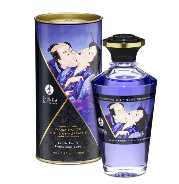 Flacon de Shunga Peinture de Corps Comestible Chocolat Aphrodisiaque 100 ml avec une boîte cylindrique présentant l'illustration traditionnelle Shunga Peinture d'un couple enlacé.