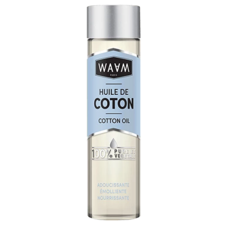 Un flacon d'Huile de Coton Waam 75 ml comportant un texte mettant en valeur sa composition en huile 100% végétale, ses propriétés adoucissantes et ses bienfaits nourrissants.