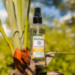 Un flacon de MKL Huile sèche - Monoï - 100 ml est niché au milieu d'un feuillage tropical avec un fond naturel flou, complété par les luxueux soins principaux MKL Crème pour une expérience de soin tropicale complète.