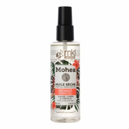 Flacon pulvérisateur de MKL Huile sèche - Monoï - 100 ml (Copie), adapté au visage, au corps et aux cheveux, présenté sur un fond blanc.