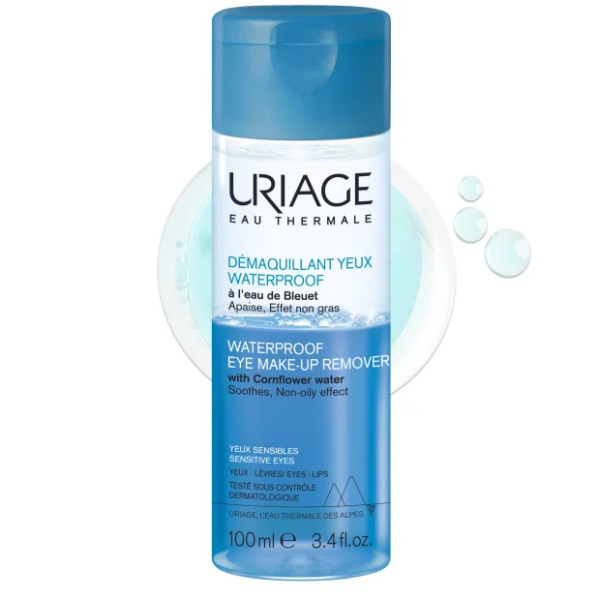 Flacon de 100 ml d'URIAGE DÉMAQUILLANT YEUX WATERPROOF, Démaquillant Yeux à l'eau de Bleuet, étiqueté en anglais et en français.