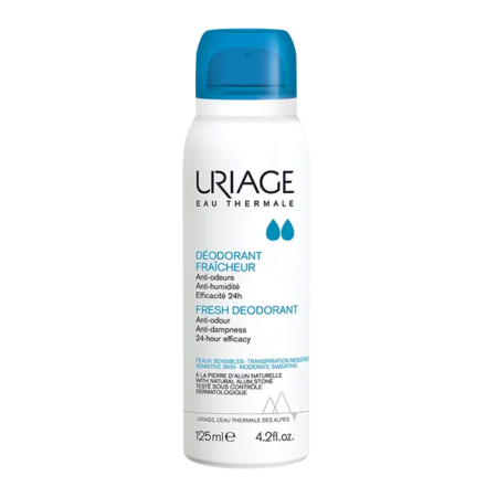 Un flacon de 125 ml d'URIAGE DÉODORANT FRAÎCHEUR au bouchon bleu, offrant une protection 24h anti-odeurs et anti-humidité.