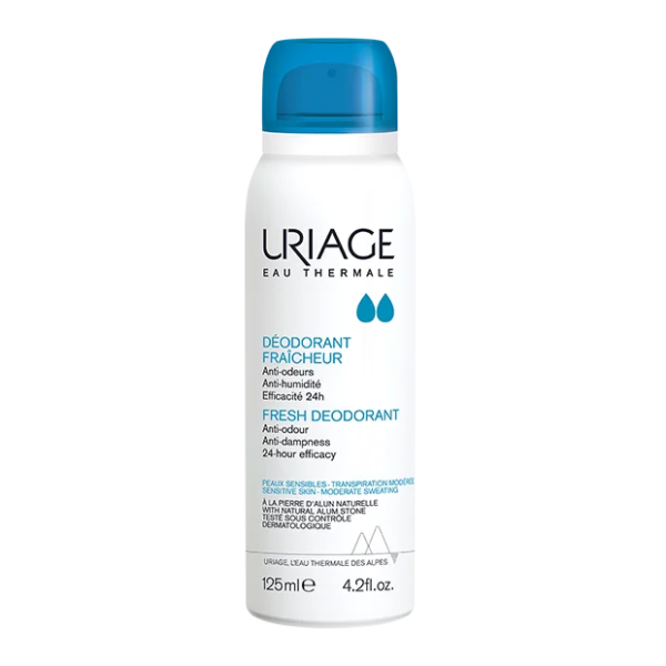 Un flacon de 125 ml d'URIAGE DÉODORANT FRAÎCHEUR au bouchon bleu, offrant une protection 24h anti-odeurs et anti-humidité.