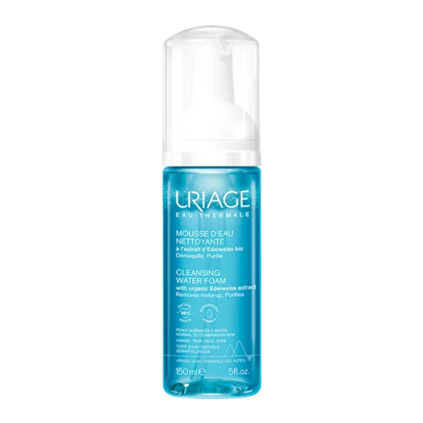 Un flacon bleu d'URIAGE MOUSSE D'EAU NETTOYANTE 150ml avec une pompe blanche, enrichie en extrait d'edelweiss bio.