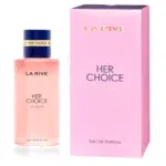 Un flacon de La Rive Eau de Parfum Her Choice 100 ml pour femme se dresse élégamment à côté de son emballage en boîte rose, mettant en valeur l'attrait de LA RIVE Eau de Parfum. dakar, Sénégal