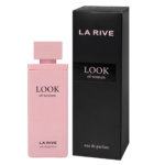 La Rive Eau de Parfum Look of Woman 75 ml dans un flacon rose éclatant à côté de son élégant emballage en boîte noire. dakar, Sénégal