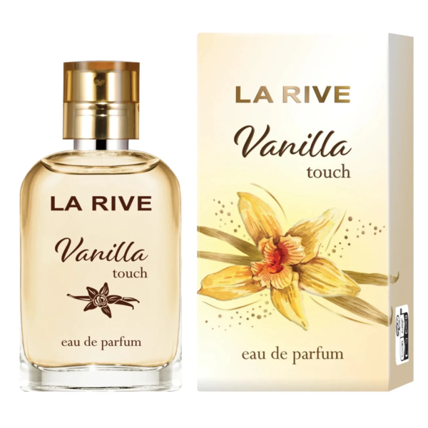 Un flacon et une boîte de 30 ml de La Rive Eau de Parfum Vanilla Touch, avec des fleurs de vanille sur l'emballage. dakar, Sénégal