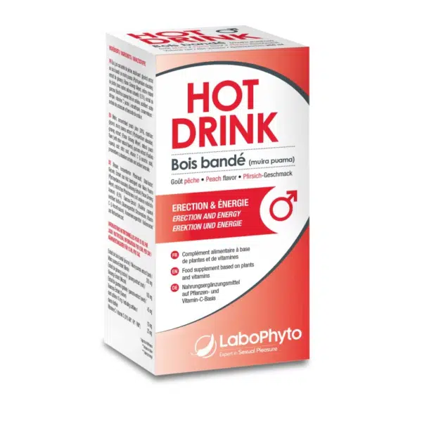 Coffret de Labophyto HotDrink Homme Bois Bandé Booste Libido 250 ml, saveur pêche, annoncé pour l'érection et l'énergie. Emballage blanc et rouge.