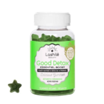 Une bouteille de LASHILE BEAUTY Good Detox Aide à la Détoxification D'organisme avec des gummies verts en forme d'étoile à côté. Contient 60 pièces.