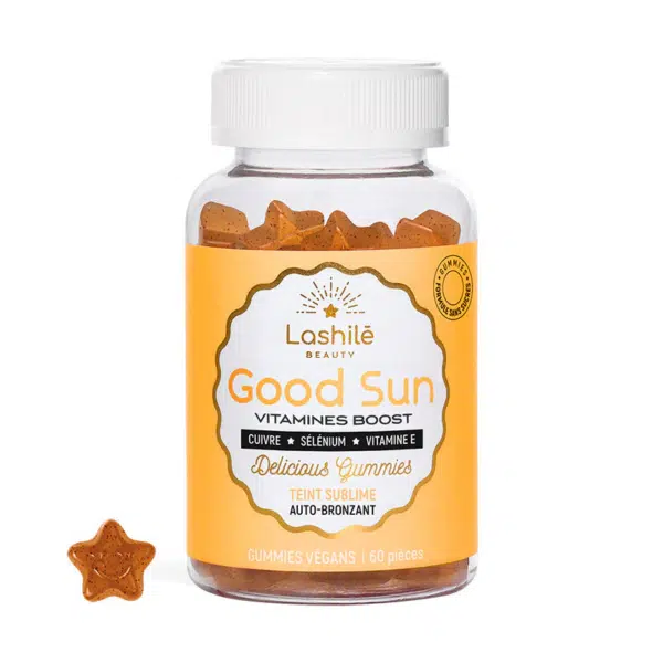 Flacon de LASHILES BEAUTY Good Sun Auto Bronzant Teint Sublime 60 pièces vitaminées avec gummies en forme d'étoile, étiqueté "Delicious Gummies.