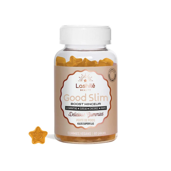 Une bouteille de gummies LASHILE BEAUTY Good Slim Boost Minceur Perte Poids 60 pièces, comportant une étiquette avec les ingrédients et un petit gummie en forme d'étoile devant.