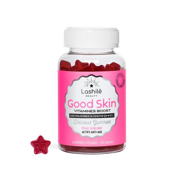 Un flacon de LASHILE BEAUTY Good Skin Anti Âge Peau Sublime avec une étiquette rose et des gummies en forme d'étoile à l'intérieur, contenant 60 pièces pour peau sublime.