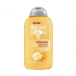 Un flacon jaune de 250 ml du Shampoing Baume Réparation Le Petit Marseillais au beurre d'olive et à la gelée royale, avec texte français et anglais.