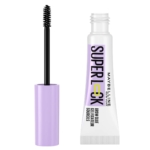 Un tube de Maybelline New York Gel Fixateur Sourcils Super Lock Brow Glue 8 g, doté d'un corps blanc avec un capuchon lavande et un pinceau applicateur. dakar, Sénégal