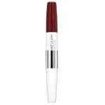 Le Rouge à Lèvres Superstay 24h de Maybelline New York en teinte 585 Burgundy présente un design à double embout avec une base blanche et un applicateur rouge. Le texte sur le produit indique « SUPER STAY 24 COLOR ». C'est le choix parfait pour celles qui recherchent un rouge à lèvres longue tenue.