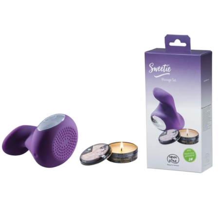 Coffret de massage violet comprenant un appareil, deux bougies et un emballage étiqueté « Sweetie Massage Set », comprenant désormais le Baume Clitoridien « Slowsex » 10 ml de Bijoux Indiscrets pour une expérience améliorée.