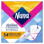 Paquet de lingerie NANA Dailies V Protection Fraîcheur Protège Régulier x34, avec illustrations et marque signature.