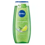 Flacon vert de gel douche NIVEA Gel Douche Citronnelle et Perles Huile 250 ml avec image de tranche de citron vert et étiquette de formule sans microplastique. Profitez d'un nettoyage rafraîchissant avec NIVEA Gel Douche Citronnelle.