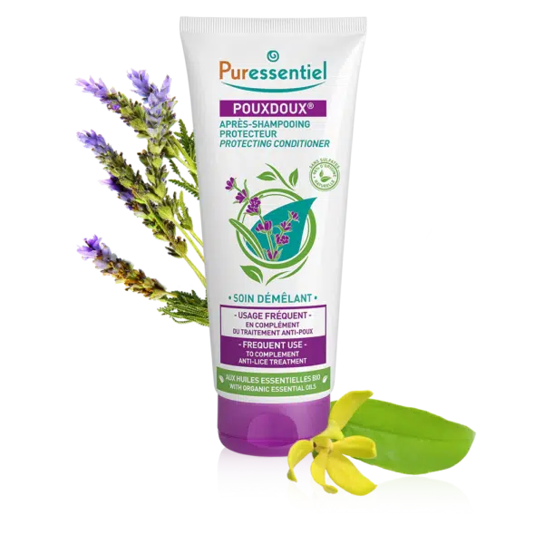 Image du tube Puressentiel Après Shampooing Protecteur Pouxdoux® 200 ml avec des graphismes de lavande et de fleurs sur fond blanc. dakar, Sénégal