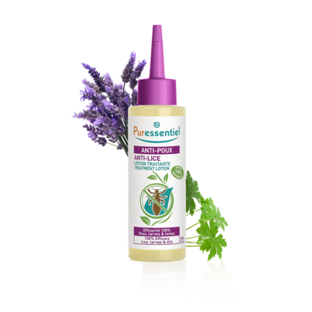 Flacon de Lotion Traitante Anti-Poux Puressentiel : Lotion Traitant pour Traitement Radical 100 ml avec graphisme d'herbes sur fond dégradé violet et vert. dakar, Sénégal