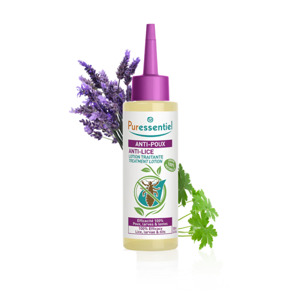 Flacon de Lotion Traitante Anti-Poux Puressentiel : Lotion Traitant pour Traitement Radical 100 ml avec graphisme d'herbes sur fond dégradé violet et vert. dakar, Sénégal