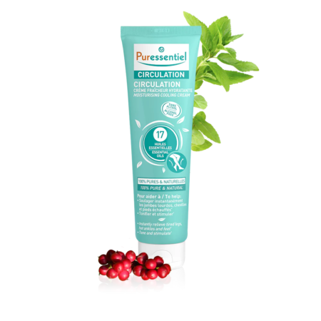 Puressentiel Crème Fraîcheur Hydratante Circulation : Pour Alleger et Soulager Les Sensations de Jambes Lourdes Tube crème de 100 ml avec des feuilles de canneberge et de menthe à côté sur fond blanc. dakar, Sénégal