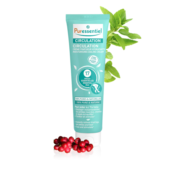 Puressentiel Crème Fraîcheur Hydratante Circulation : Pour Alleger et Soulager Les Sensations de Jambes Lourdes Tube crème de 100 ml avec des feuilles de canneberge et de menthe à côté sur fond blanc. dakar, Sénégal