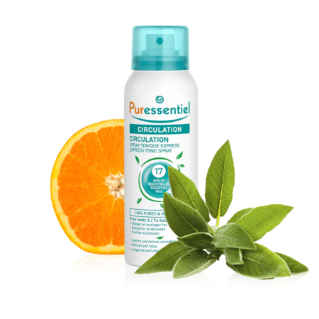 Un flacon de Puressentiel Spray Tonique Express Circulation Pour Alleger et Soulager Les Sensations de Jambes Lourdes 100 ml avec une tranche d'orange et des feuilles vertes en arrière-plan. dakar, Sénégal