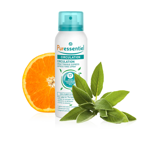 Un flacon de Puressentiel Spray Tonique Express Circulation Pour Alleger et Soulager Les Sensations de Jambes Lourdes 100 ml avec une tranche d'orange et des feuilles vertes en arrière-plan. dakar, Sénégal