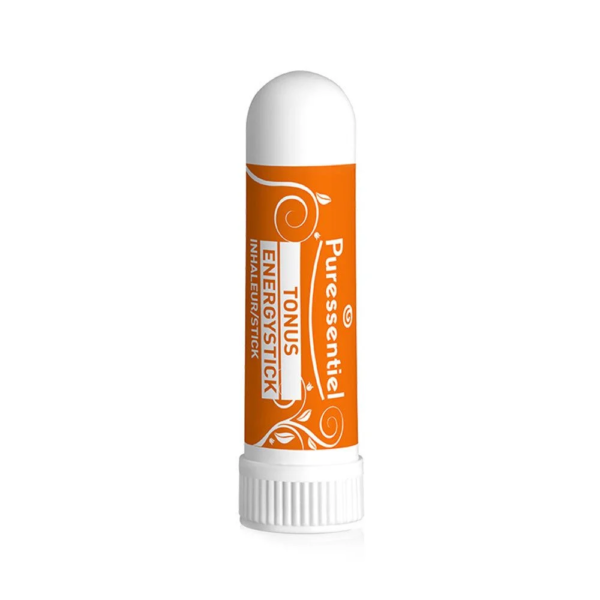 L'Inhalateur PURESSENTIEL Energy Boost 1 ml, un stick orange au capuchon et à la base blancs, est étiqueté "TONUS ENERGY STICK" pour un boost d'énergie revigorant.