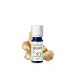 Flacon de Puressentiel Huile Essentielle Gingembre Frais BIO 5 ml, avec en fond des morceaux de racine de gingembre frais. dakar, Sénégal