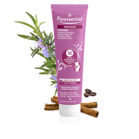 Un tube de Puressentiel Gommage Express Minceur Zones Rebelles 150 ml à l'étiquette violette, infusé d'Huile Végétale BIO, aux côtés de lavande, de bâtons de cannelle et de grains de café.