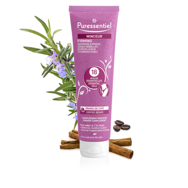 Un tube de Puressentiel Gommage Express Minceur Zones Rebelles 150 ml à l'étiquette violette, infusé d'Huile Végétale BIO, aux côtés de lavande, de bâtons de cannelle et de grains de café.