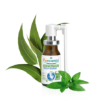 Un flacon de Puressentiel Gommage Express Minceur Zones Rebelles 150 ml, avec des feuilles vertes et des feuilles de menthe en arrière-plan, capturant l'essence de Puressentiel Gommage Express.