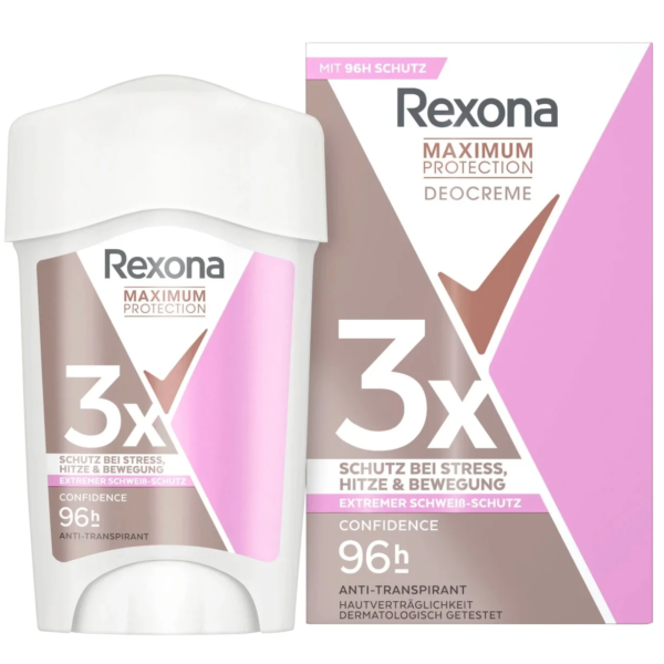 Rexona Anti Transpirant Crème Déodorante Maximum Protection Confidence 96H 45 ml, offrant une protection de 96 heures dans un élégant emballage rose, blanc et marron avec « 3x Confidence ». dakar, Sénégal