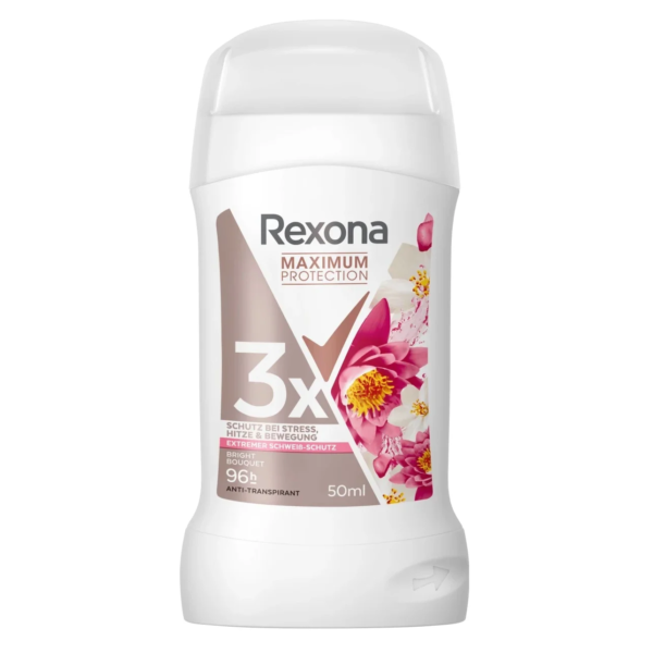 Un bâton de Rexona Déodorant Stick Anti Transpirant Protection Maximale BouquetLumineux dans un contenant de 50 ml avec des graphismes floraux sur l'étiquette. dakar, Sénégal