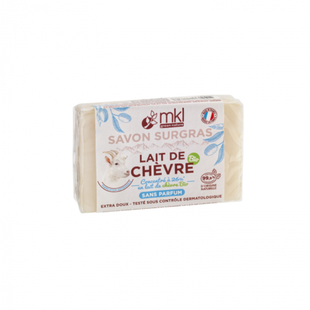 Une barre de savon au lait de chèvre biologique de MKL Green Nature, de marque MKL Savon de Marseille 100 g - Coco avec texte français sur l'emballage.