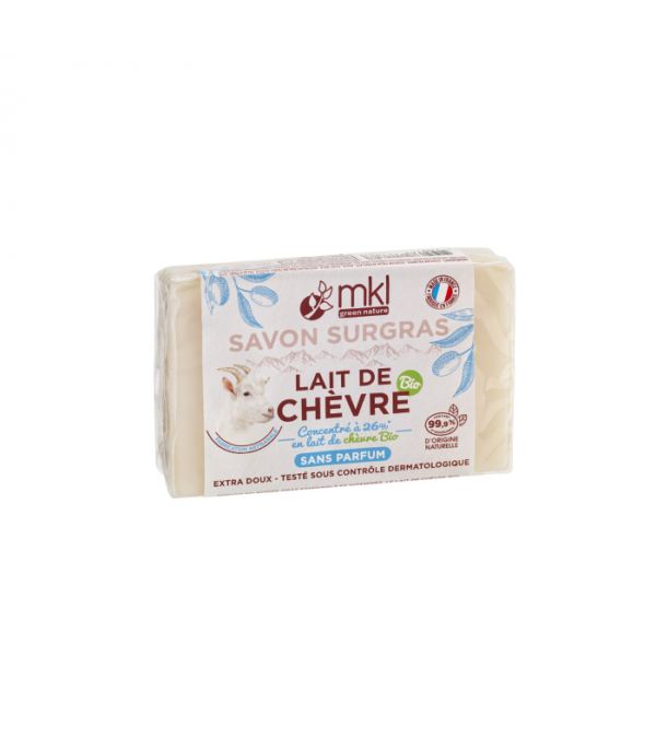 Une barre de savon au lait de chèvre biologique de MKL Green Nature, de marque MKL Savon de Marseille 100 g - Coco avec texte français sur l'emballage.