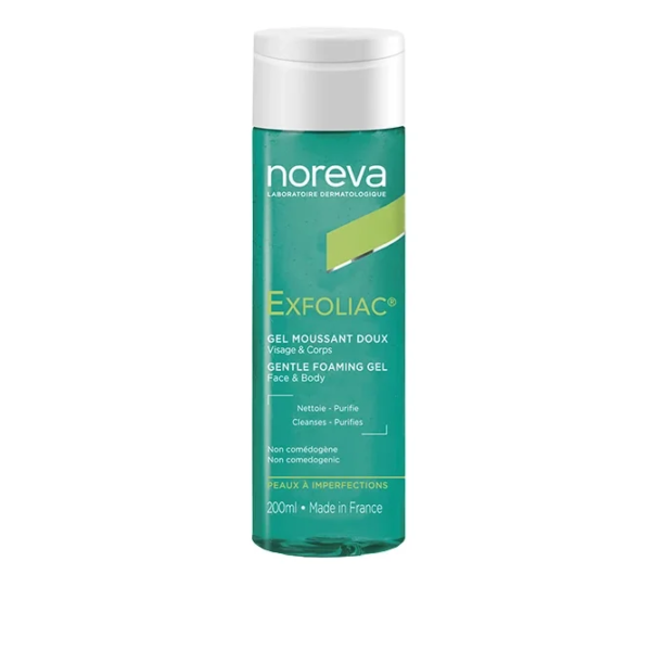 Un flacon de Noreva Exfoliac Gel Moussant Doux, 200 ml, fabriqué en France. Ce gel moussant doux pour le visage et le corps assure un teint lisse et éclatant.