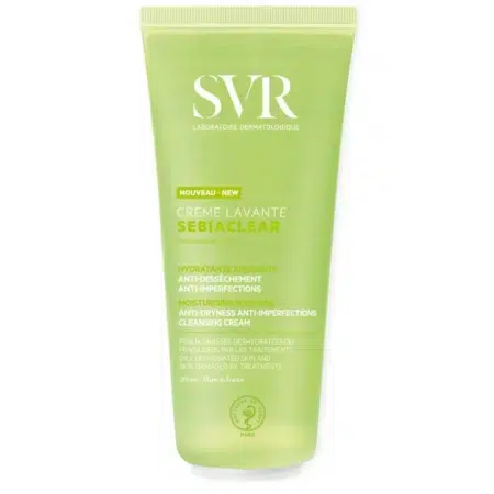 Un tube vert de Svr Sebiaclear Crème Lavante Anti Imperfections Sans Parfum 200 ml, étiqueté anti-sécheresse, anti-imperfections et hydratant.