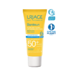 Tube jaune de URIAGE BARIÉSUN FLUIDE ANTI TACHE SPF50+ 40 ml crème solaire avec formule anti-taches brunes, résistance à l'eau et protection renforcée.