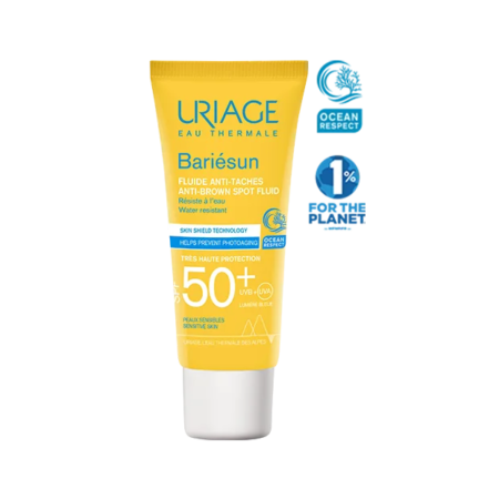 Tube jaune de URIAGE BARIÉSUN FLUIDE ANTI TACHE SPF50+ 40 ml crème solaire avec formule anti-taches brunes, résistance à l'eau et protection renforcée.