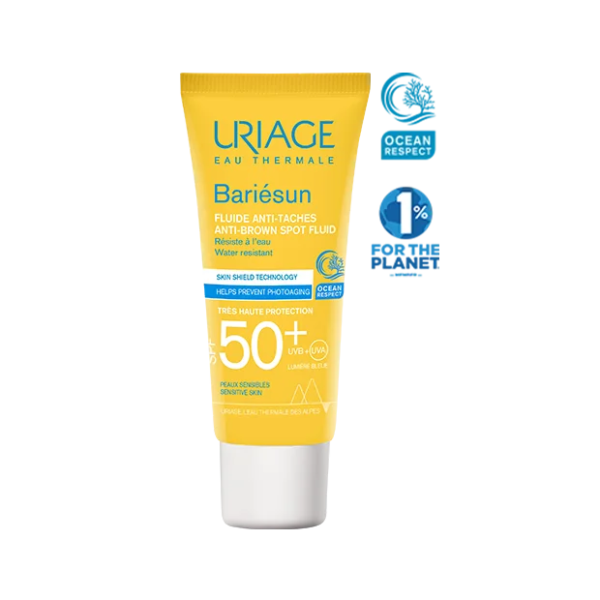 Tube jaune de URIAGE BARIÉSUN FLUIDE ANTI TACHE SPF50+ 40 ml crème solaire avec formule anti-taches brunes, résistance à l'eau et protection renforcée.