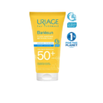 Tube de crème solaire URIAGE BARIÉSUN FLUIDE MATIFIANT SPF50+ 50 ml avec logo respect des océans et label 1% for the Planet.