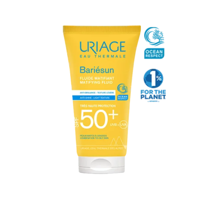 Tube de crème solaire URIAGE BARIÉSUN FLUIDE MATIFIANT SPF50+ 50 ml avec logo respect des océans et label 1% for the Planet.