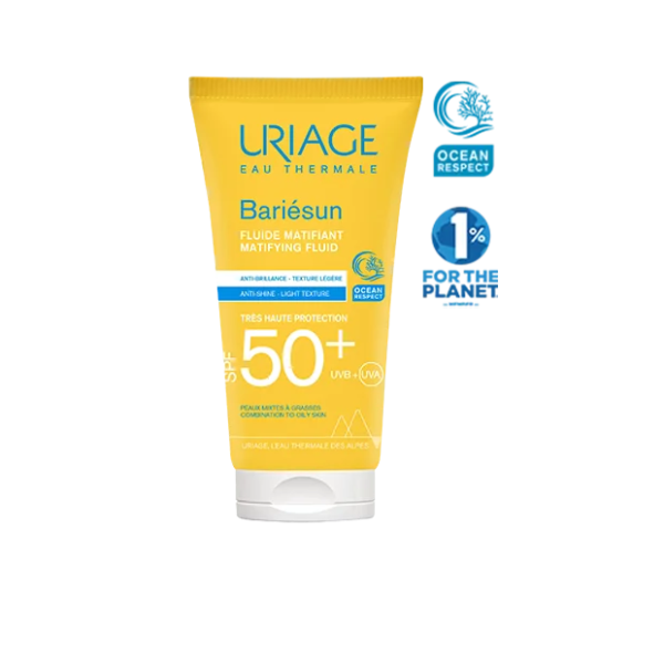 Tube de crème solaire URIAGE BARIÉSUN FLUIDE MATIFIANT SPF50+ 50 ml avec logo respect des océans et label 1% for the Planet.