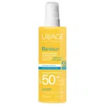 Flacon jaune d'URIAGE BARIÉSUN SPRAY INVISIBLE SPF50+ NON PARFUMÉ 200 ML, avec une pompe blanche et des accents bleus.