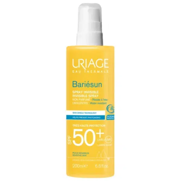 Flacon jaune d'URIAGE BARIÉSUN SPRAY INVISIBLE SPF50+ NON PARFUMÉ 200 ML, avec une pompe blanche et des accents bleus.